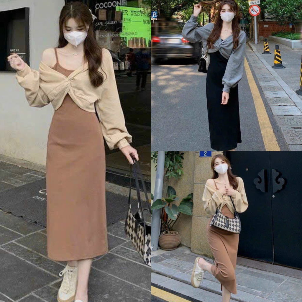 Set váy nữ 2 dây kèm áo khoác tay dài xoắn ngực xinh xắn, tôn dáng với 2 tone màu đơn giản cho các nàng đi chơi