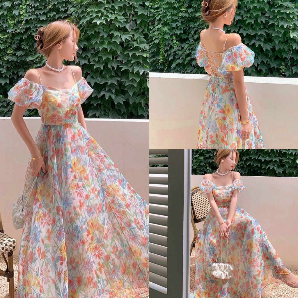 Đầm váy nữ maxi voan hoa đan dây lưng tay phồng với tone màu nude nhẹ nhàng thích hợp cho các chị em đi dự tiệc, đi biển
