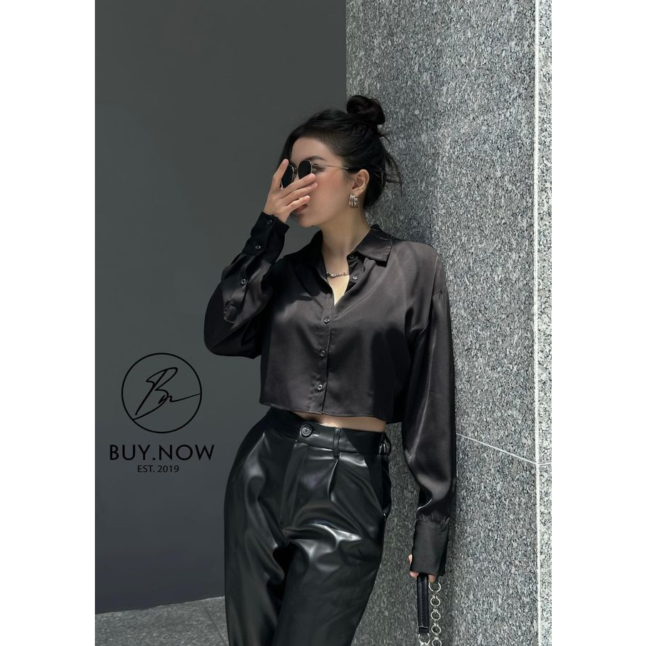 áo sơ mi lụa đen Croptop thiết kế by BUY.NOW