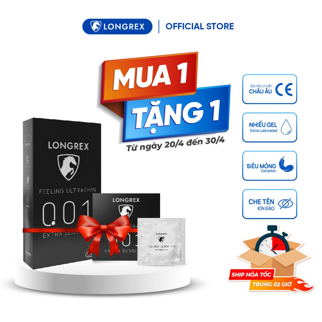 Bao cao su Longrex siêu mỏng Extra Sensitive, nhiều gel bôi trơn, hương vani, chất cao su cao cấp hộp 10 bcs mã LR001