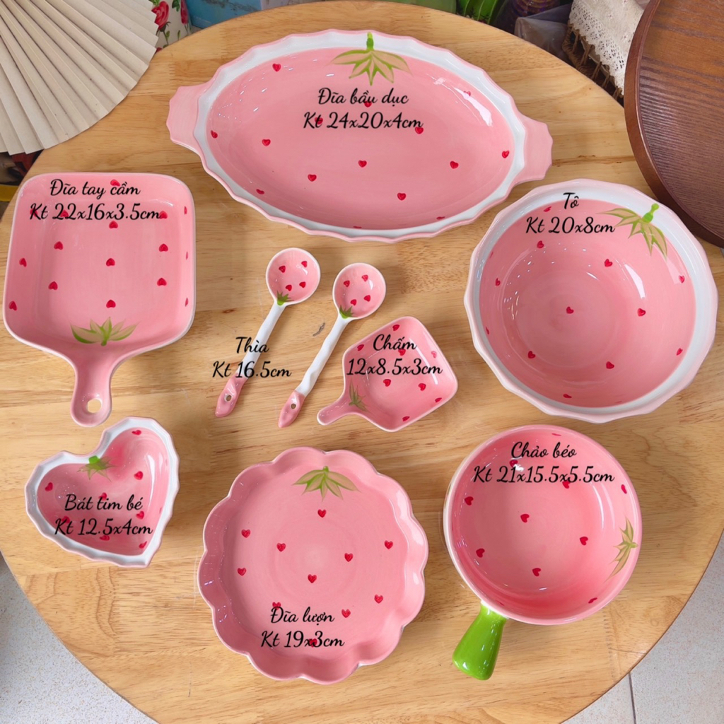 Bát đĩa sứ decor, Chén Dĩa dễ thương, Bát ăn cơm Sét bát đĩa dâu hồng siêu xinh
