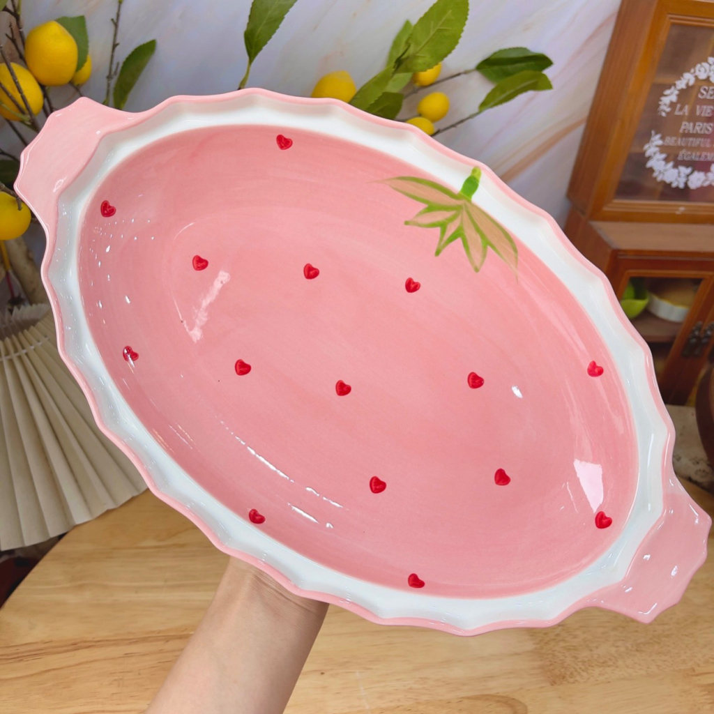 Bát đĩa sứ decor, Chén Dĩa dễ thương, Bát ăn cơm Sét bát đĩa dâu hồng siêu xinh