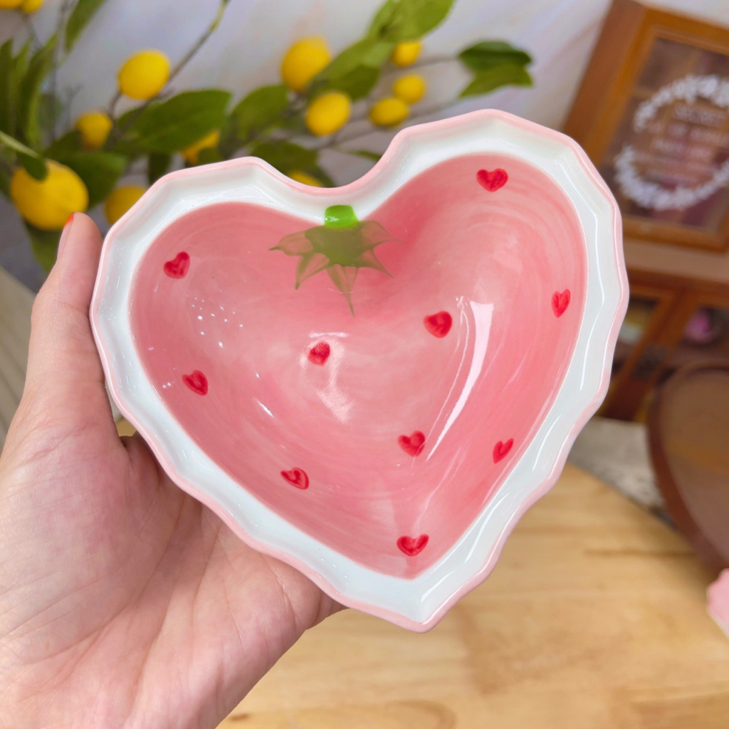 Bát đĩa sứ decor, Chén Dĩa dễ thương, Bát ăn cơm Sét bát đĩa dâu hồng siêu xinh