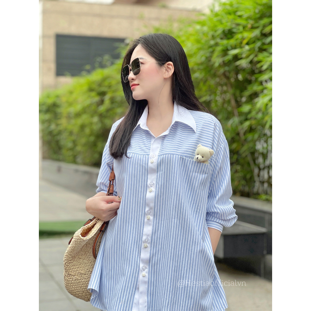 VIAN SET HesTia bộ đồ màu sọc kẻ xanh phối trắng, tặng kèm cài gấu VIVA01
