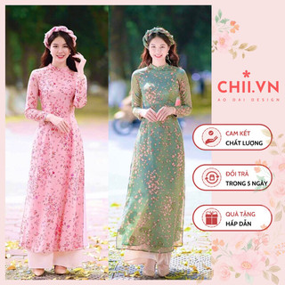Áo dài hoa nhí dáng truyền thống chất tơ ép cao cấp