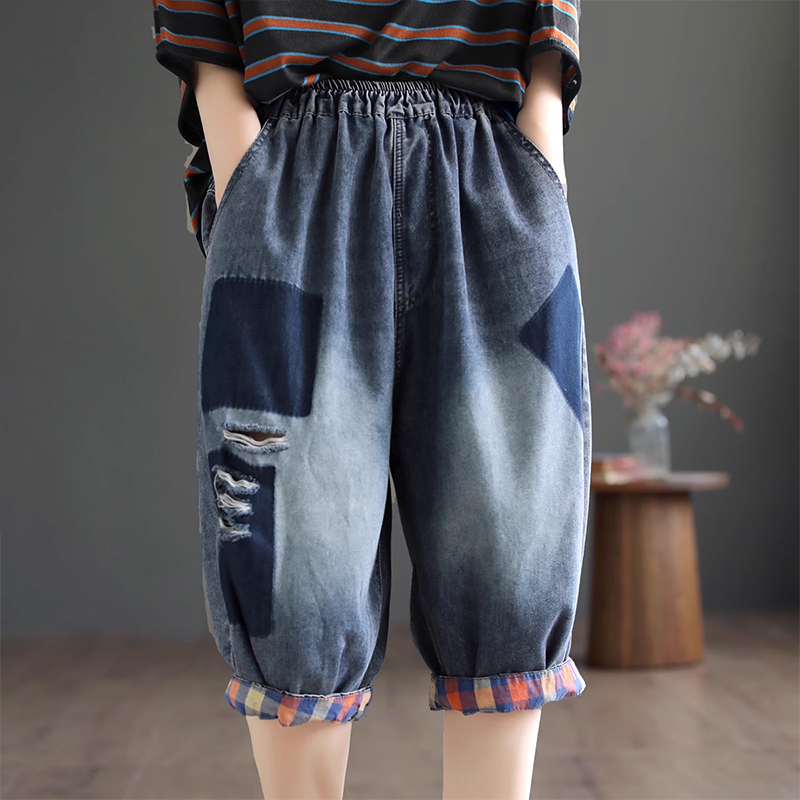 Quần baggy KAMAKA lửng denim lưng thun phai màu ô vuông - NU8752