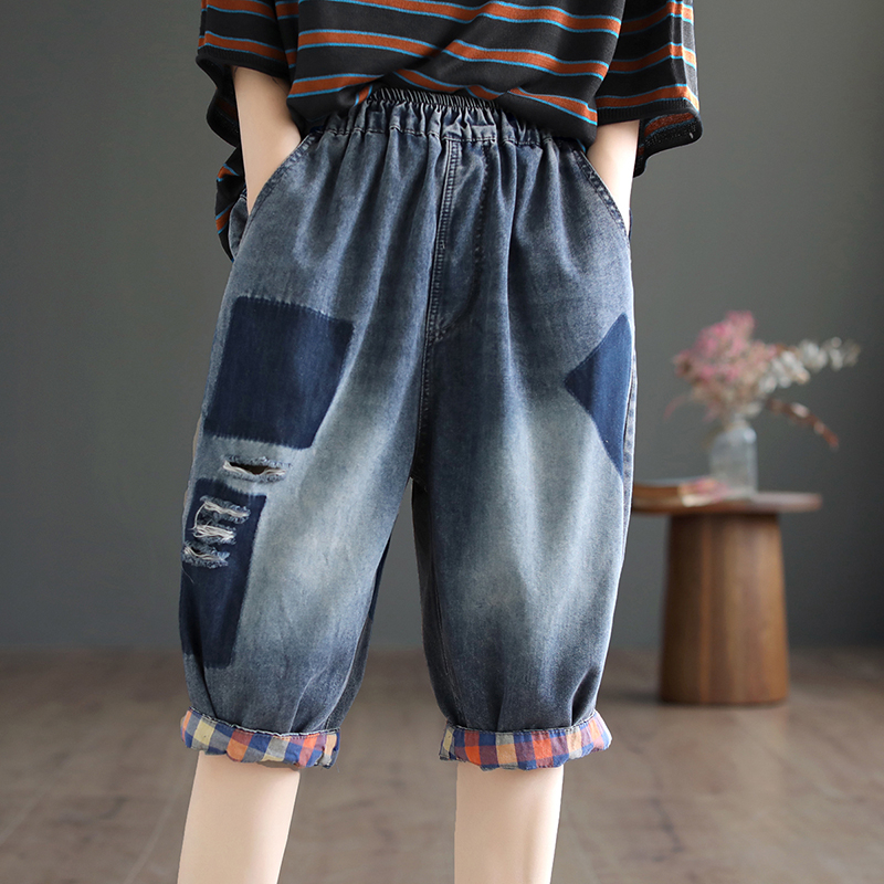Quần baggy KAMAKA lửng denim lưng thun phai màu ô vuông - NU8752