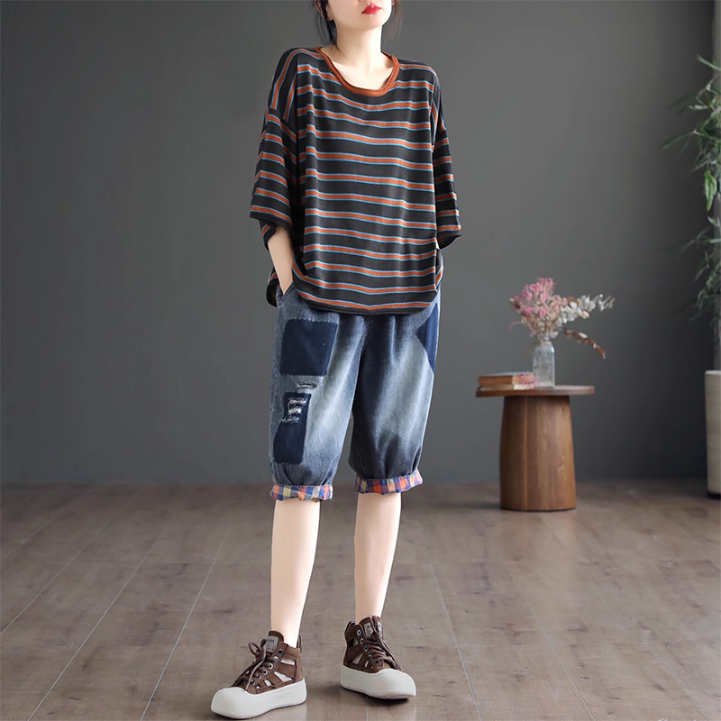 Quần baggy KAMAKA lửng denim lưng thun phai màu ô vuông - NU8752