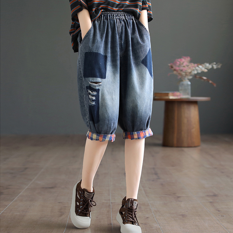 Quần baggy KAMAKA lửng denim lưng thun phai màu ô vuông - NU8752