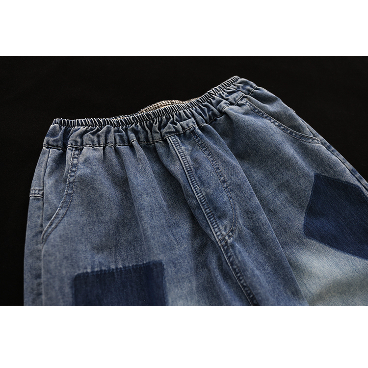 Quần baggy KAMAKA lửng denim lưng thun phai màu ô vuông - NU8752