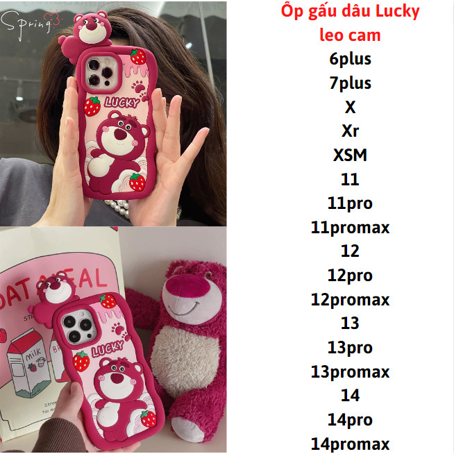 Ốp gấu dâu Lucky thư giãn cao cấp leo cam 6plus/7plusx/xs/xsm11/12/13/14/pro/max/plus/promax