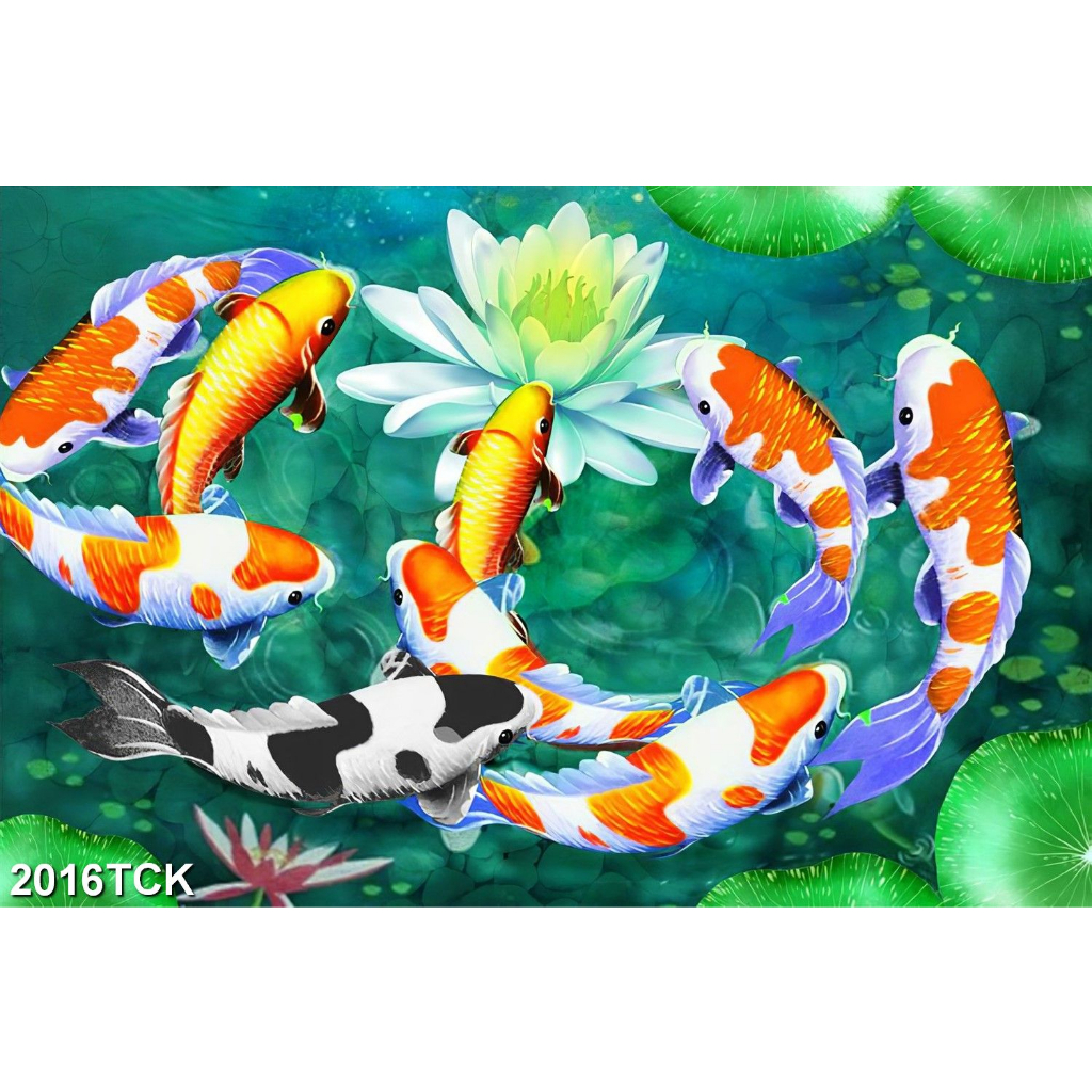TRANH DÁN TƯỜNG 3D CỬU NGƯ QUẦN HỘI SEN CÁ KOI CÁ CHÉP 2016TCK - TRANH NON NƯỚC HỮU TÌNH