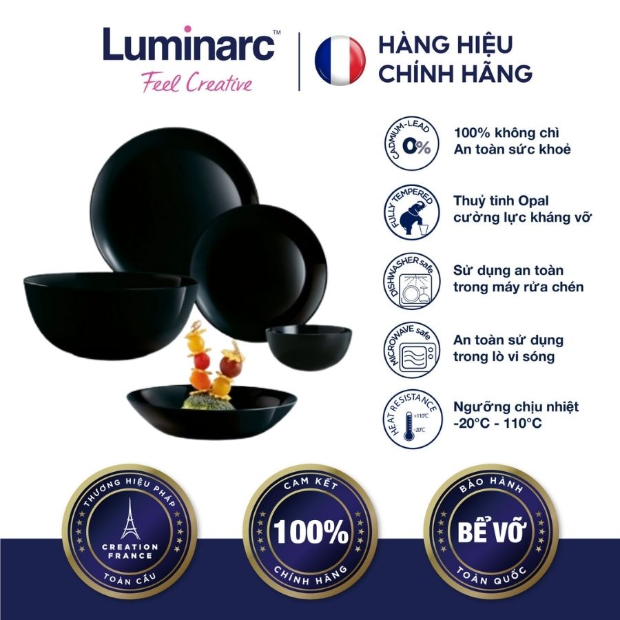 Bộ Bàn Ăn Tô Chén Đĩa Thuỷ Tinh Cường Lực Pháp Luminarc Diwali Đen 12 món-LUDIDE12M