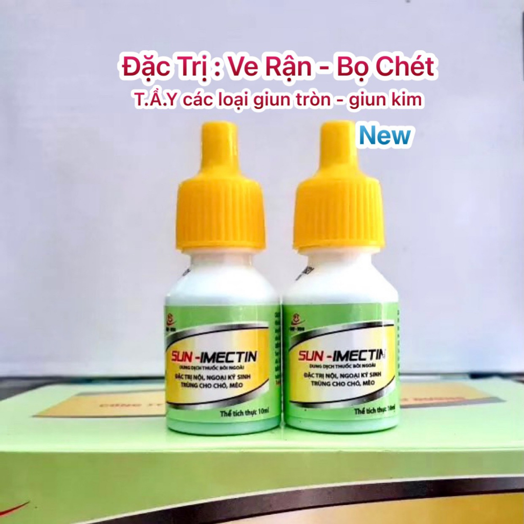 Sun - imectin.Nhỏ gáy đặc trị ve rận, ghẻ mạt, kí sinh trùng giun tròn ,giun kim cho chó mèo, lọ 10ml