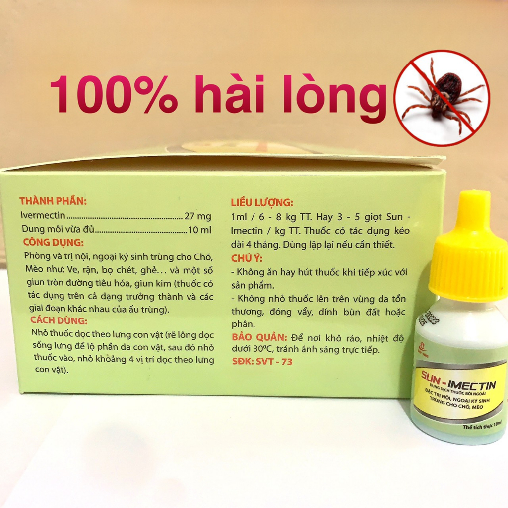 Sun - imectin.Nhỏ gáy đặc trị ve rận, ghẻ mạt, kí sinh trùng giun tròn ,giun kim cho chó mèo, lọ 10ml