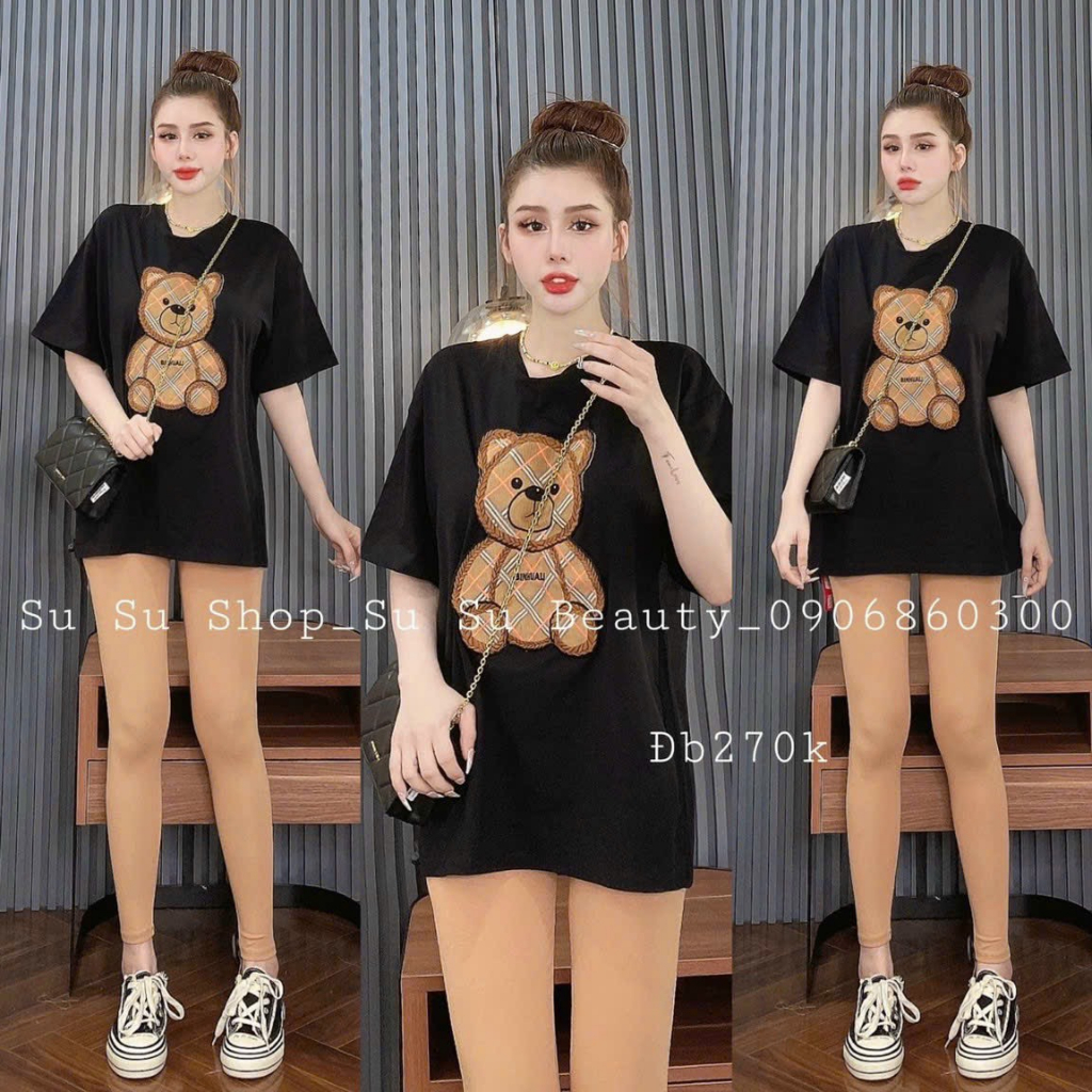 [6.6 Sales Freeship] Set áo thun from rộng in gấu mix quần dài ống ôm, bộ thun mặc nhà in hình gấu cute dx