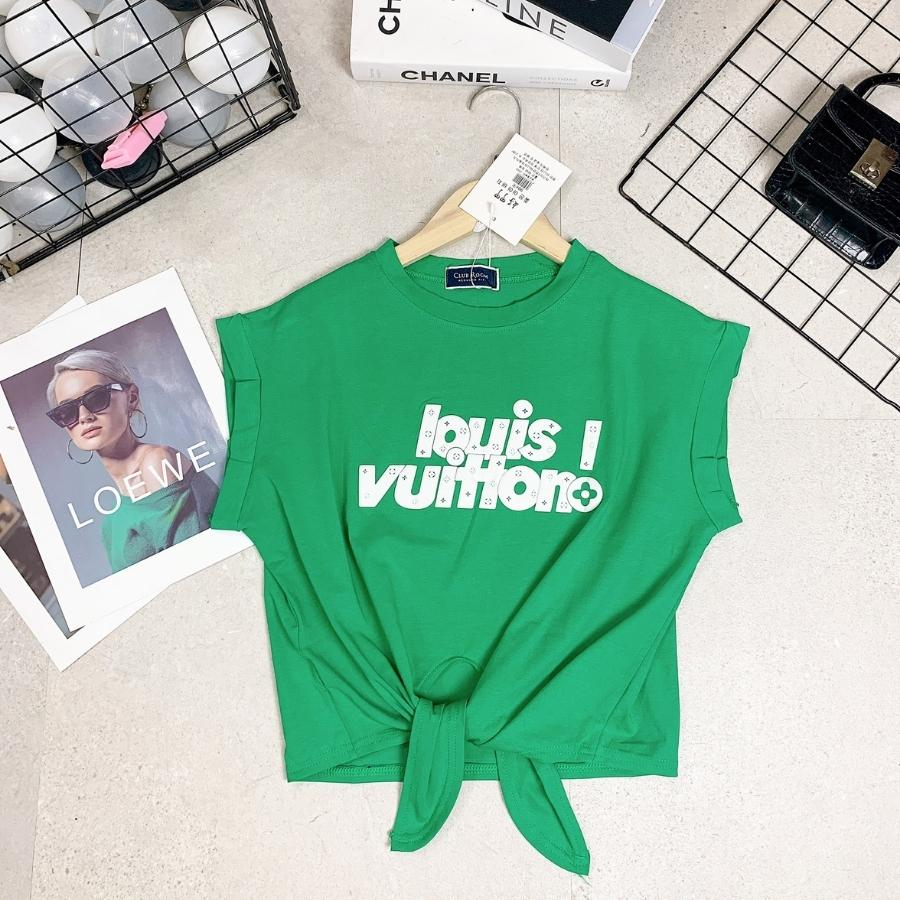 Áo Croptop nữ, áo croptop nhảy Zumba-aerobic tay hến dây buộc thiết kế trẻ trung cá tính in hình chữ Louvitton