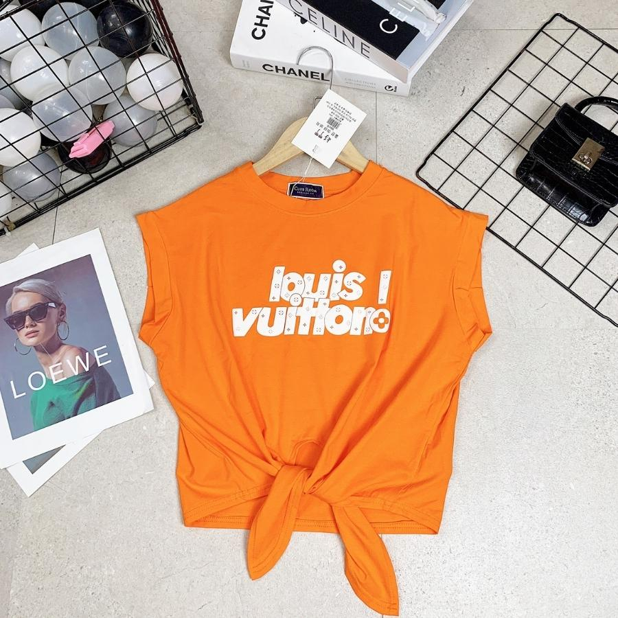 Áo Croptop nữ, áo croptop nhảy Zumba-aerobic tay hến dây buộc thiết kế trẻ trung cá tính in hình chữ Louvitton