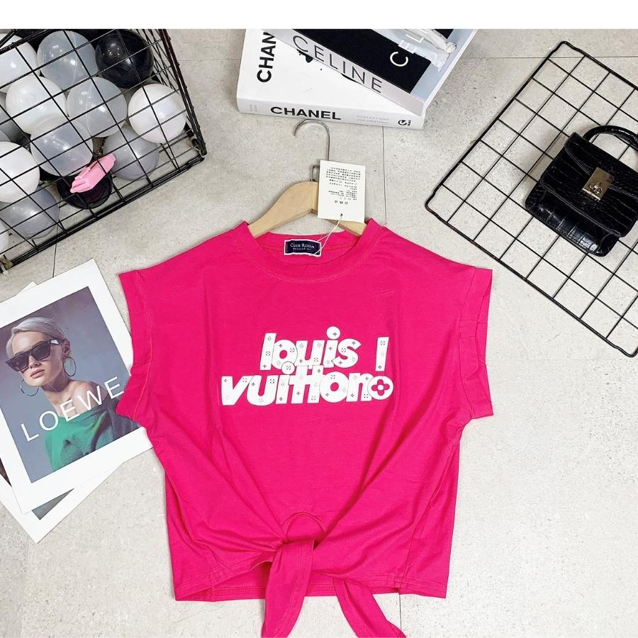 Áo Croptop nữ, áo croptop nhảy Zumba-aerobic tay hến dây buộc thiết kế trẻ trung cá tính in hình chữ Louvitton