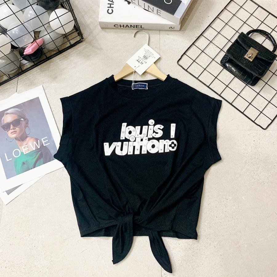 Áo Croptop nữ, áo croptop nhảy Zumba-aerobic tay hến dây buộc thiết kế trẻ trung cá tính in hình chữ Louvitton