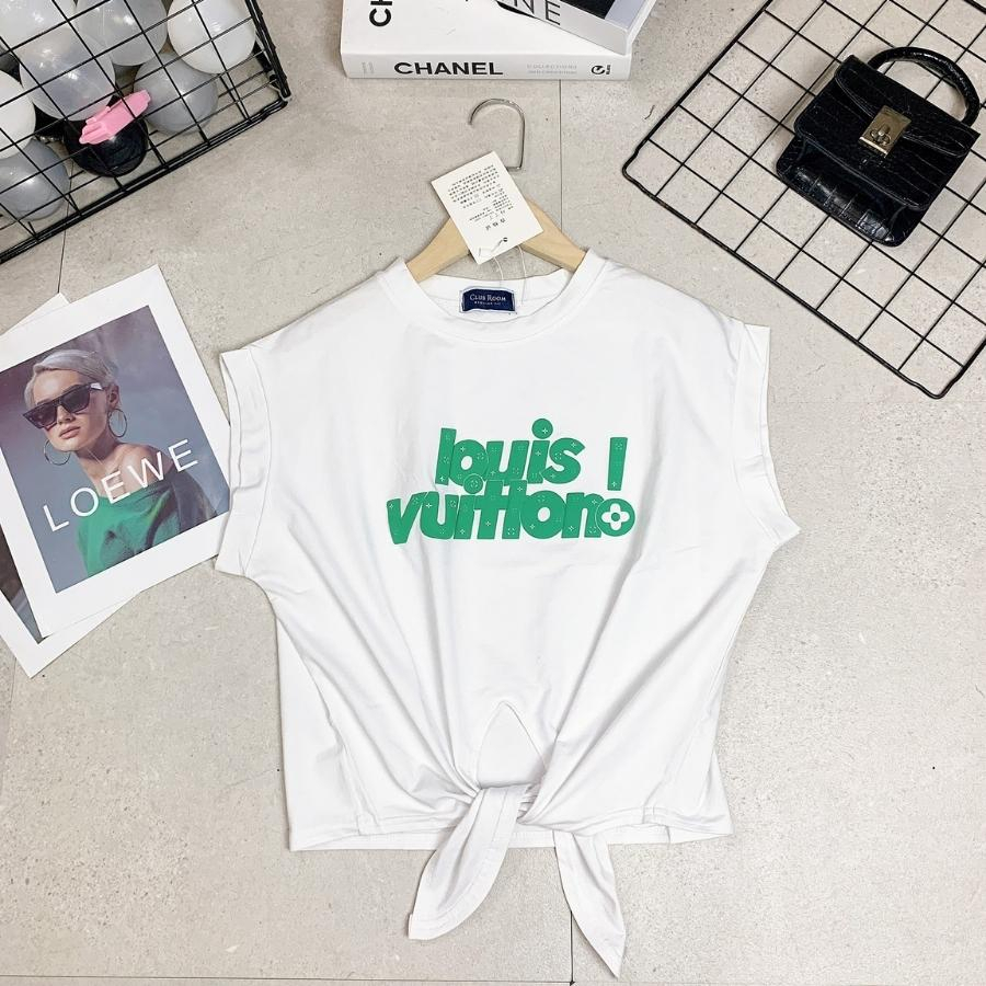 Áo Croptop nữ, áo croptop nhảy Zumba-aerobic tay hến dây buộc thiết kế trẻ trung cá tính in hình chữ Louvitton