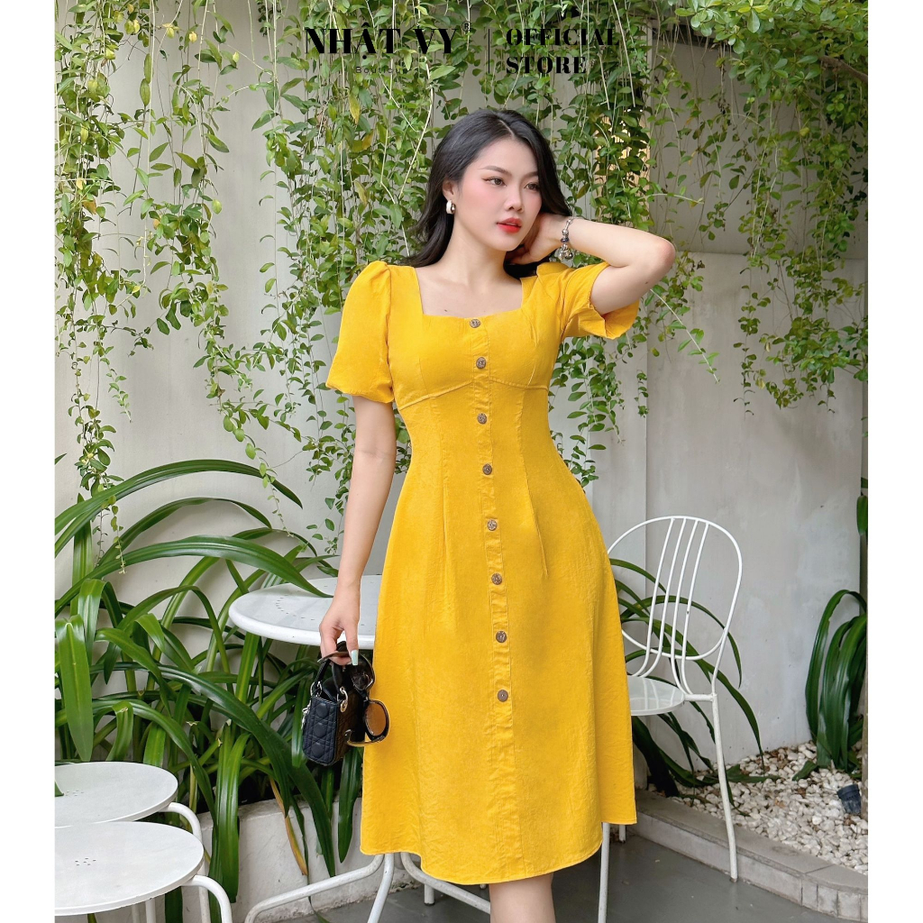 Đầm công sở Nhật Vy cổ vuông tay bí đính cúc dáng xoè chất linen thun phù hợp đi chơi dạo phố sang chảnh - D2705