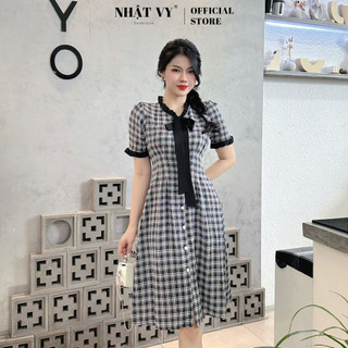 Đầm caro đi chơi Nhật Vy chiết ben ngực phối bèo cổ gài nút chất mango phù hợp đi chơi dạo phố thanh lịch - D2748