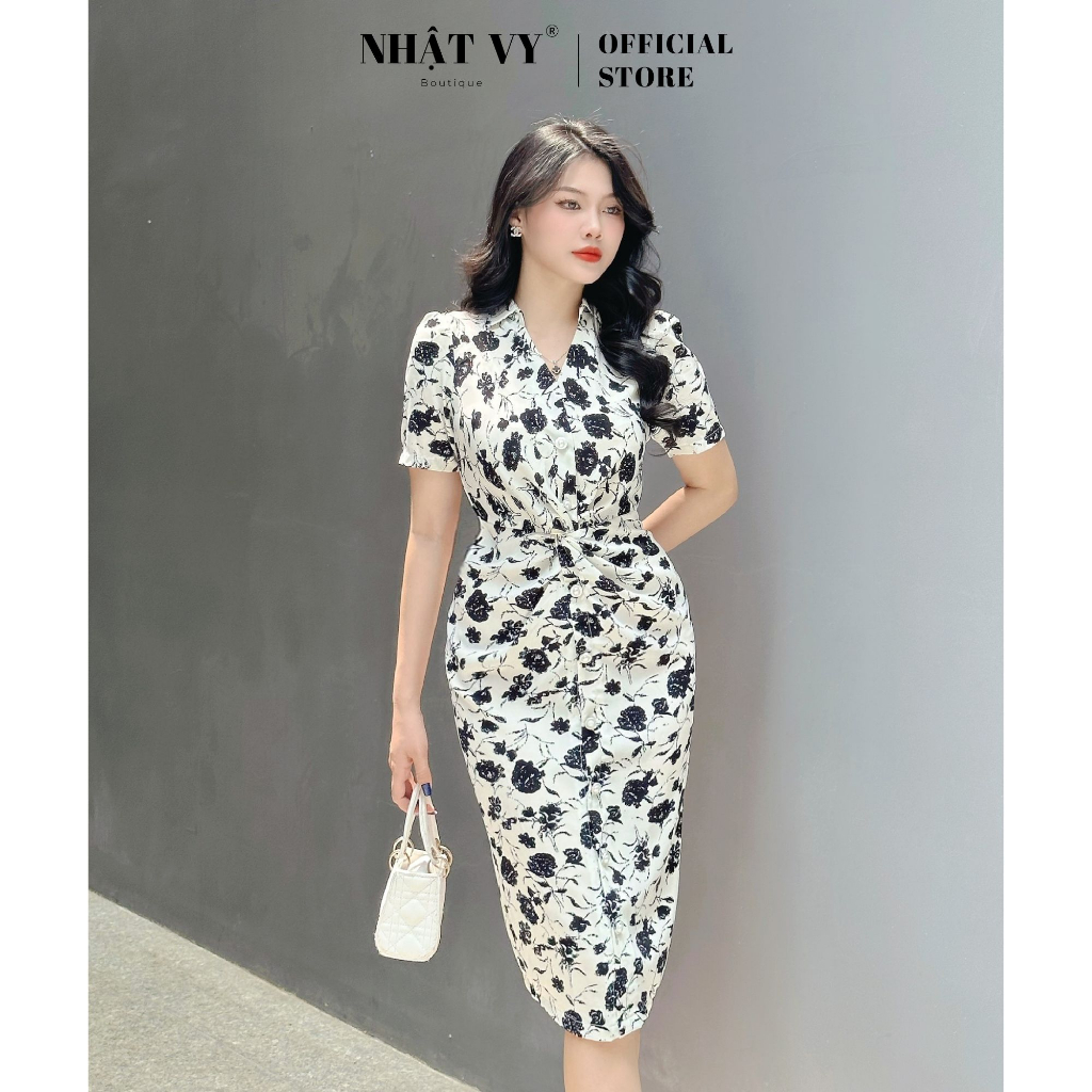 Đầm hoa đi chơi Nhật Vy xoắn eo đính cúc form dáng ôm chất mango phù hợp dạo phố công sở cafe sang chảnh - D2763