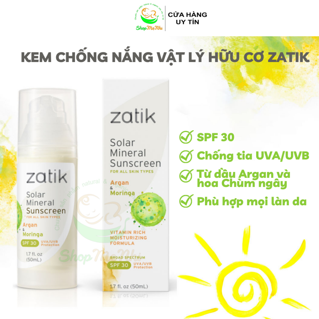 Kem chống nắng hữu cơ Zatik  Mineral Sunscreen 50ml Chống nắng, dưỡng ẩm và Chống Lão Hóa an toàn cho cả baby, mẹ bầ