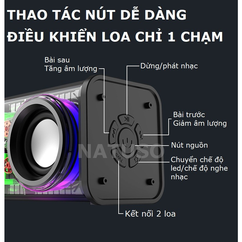 Loa bluetooth không dây nghe nhạc bass mạnh Natuso V8 vỏ trong suốt kết nối tws 2 loa hỗ trợ usb thẻ nhớ tf | BigBuy360 - bigbuy360.vn