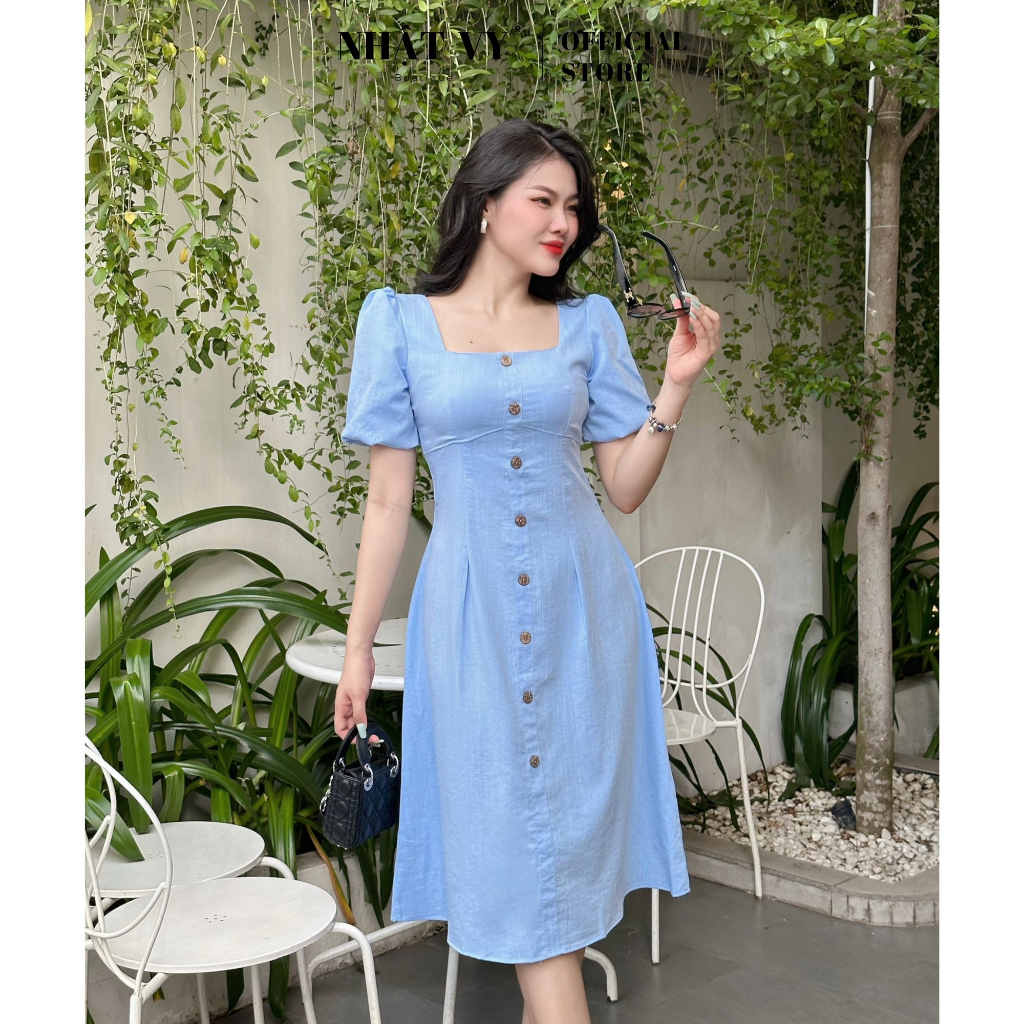 Đầm công sở Nhật Vy cổ vuông tay bí đính cúc dáng xoè chất linen thun phù hợp đi chơi dạo phố sang chảnh - D2705