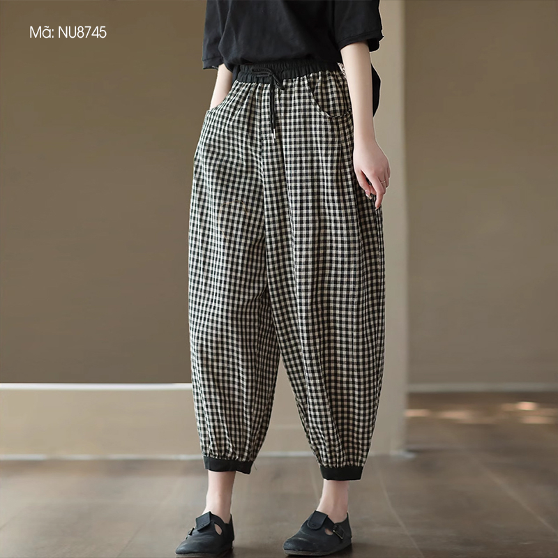 Quần baggy linen KAMAKA lưng thun kẻ caro ống túm - NU8744