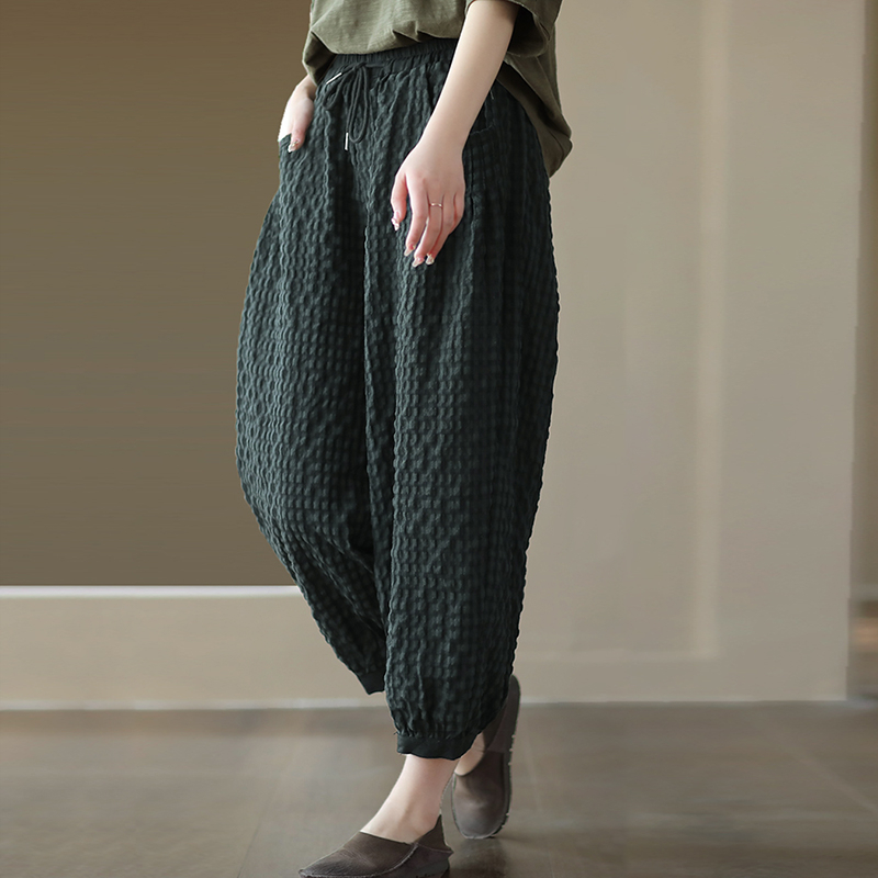 Quần baggy linen KAMAKA lưng thun kẻ caro ống túm - NU8744