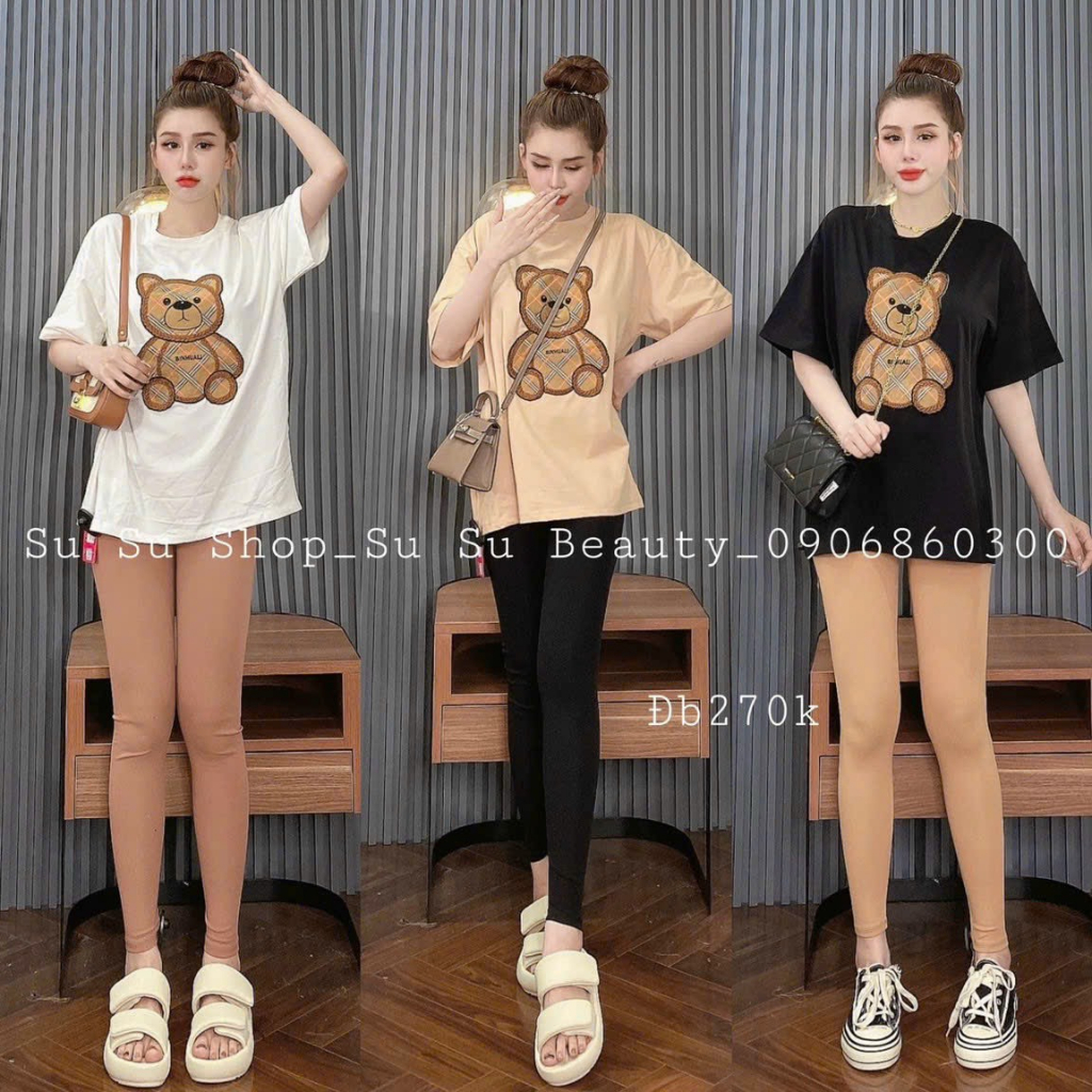 Set bộ thun áo from rộng có in hình gấu siêu dẽ thương mix cùng quần ống ôm, Set bộ thun gấu mặc nhà sang chảnh