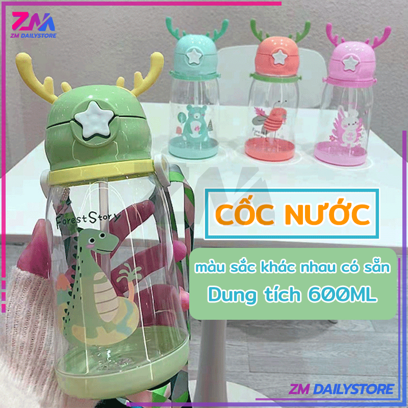 Bình nước học sinh,Bình nước ống hút trẻ em 600ml thiết kế gạc hươu dễ thương,có ống hút, BPA, thân thiện với môi trường