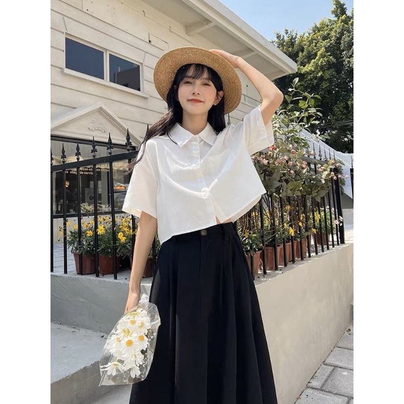 Áo sơ mi basic cộc tay croptop nữ đơn giản trẻ trung-3036