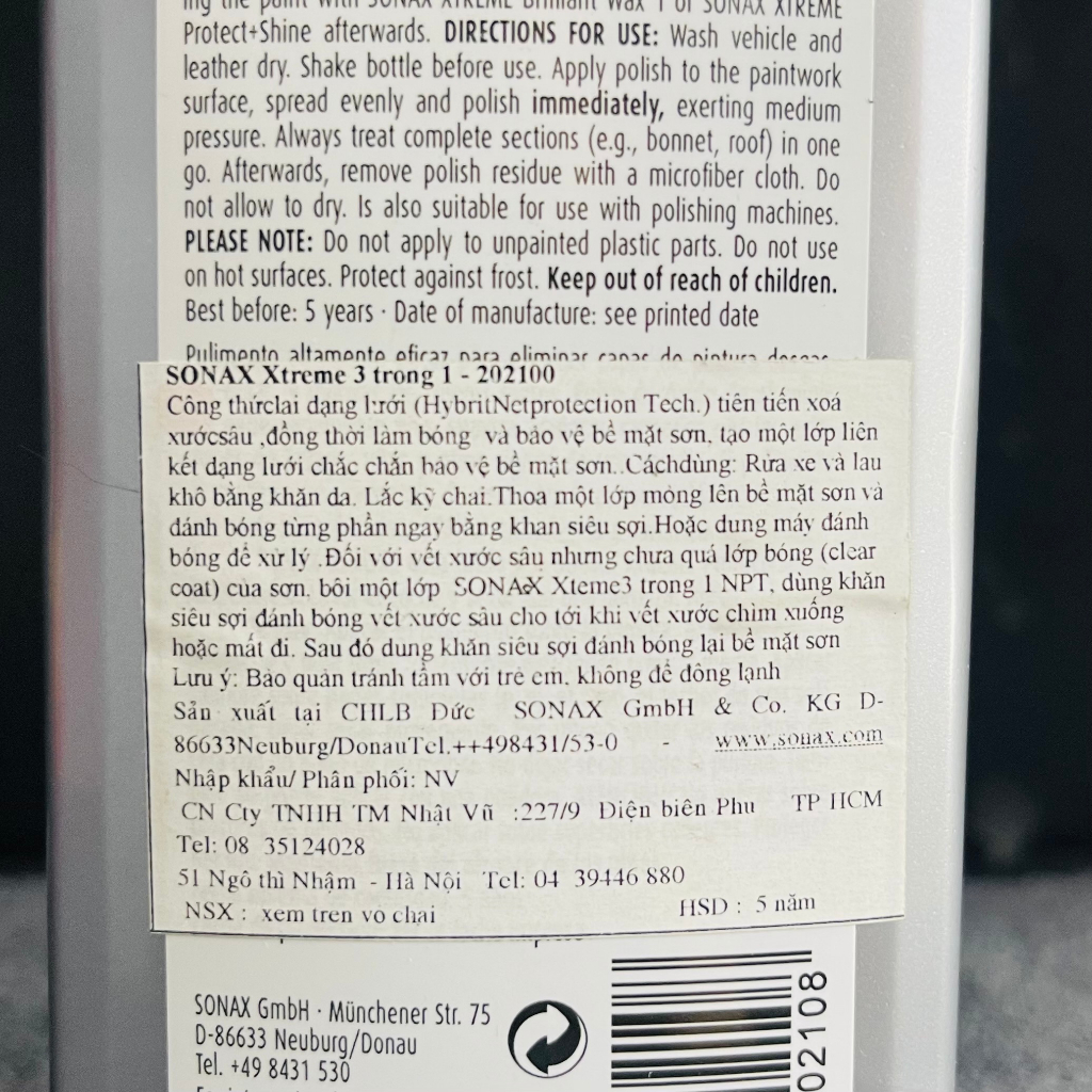 Dung Dịch Xóa Vết Xước, Đánh Bóng Dàn Áo Sonax Xtreme Polish Wax 3 Bảo Vệ Sơn Xe Chai 10ml 20ml