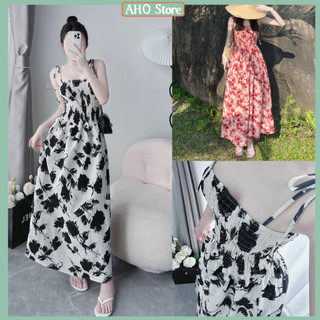 Váy hoa nữ 2 dây buộc nơ dáng dài đầm maxi 2 dây buộc chun ngực nơ vai freesize