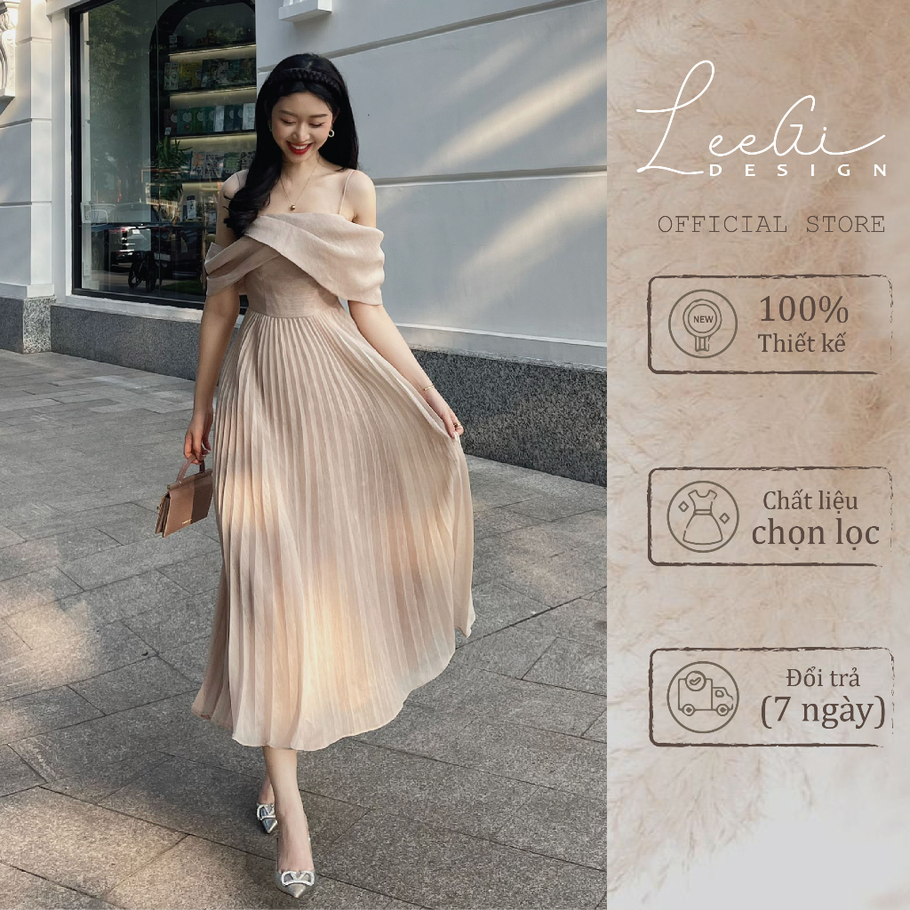 Váy chéo vai hồng xếp li dáng dài chất tơ nến LeeGi Design dự tiệc mùa hè Min6048
