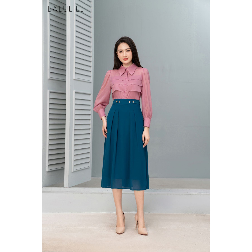 Chân váy công sở LALULILL dáng A nhê eo chiffon xanh dương LCV2300702