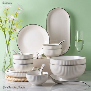 Bộ bát đĩa sứ trắng viền đen cao cấp sáng mịn đẹp, Chén Dĩa ăn cơm, Bát đĩa sứ decor sét 17 món