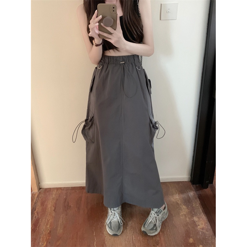 Chân váy midi dáng dài túi hộp xẻ tà sau cá tính lưng cao eo chun luzzang Hàn Quốc Yannie