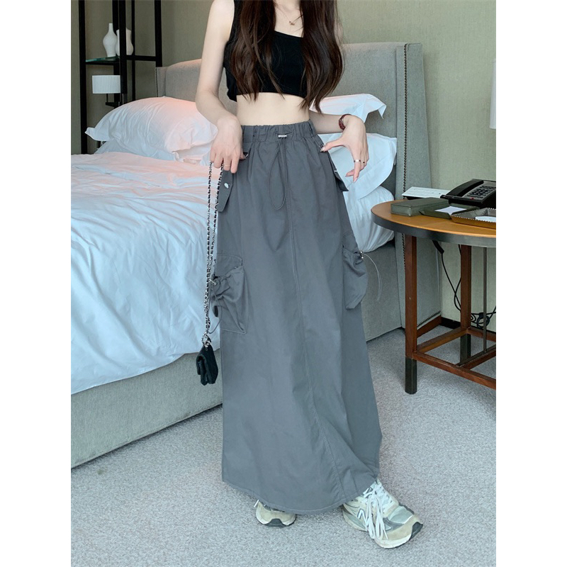 Chân váy midi dáng dài túi hộp xẻ tà sau cá tính lưng cao eo chun luzzang Hàn Quốc Yannie