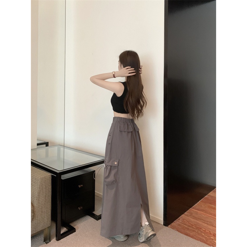 Chân váy midi dáng dài túi hộp xẻ tà sau cá tính lưng cao eo chun luzzang Hàn Quốc Yannie