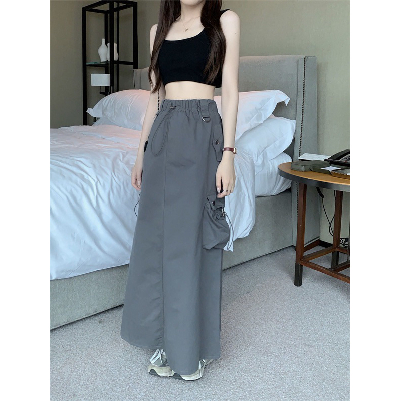 Chân váy midi dáng dài túi hộp xẻ tà sau cá tính lưng cao eo chun luzzang Hàn Quốc Yannie