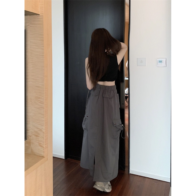 Chân váy midi dáng dài túi hộp xẻ tà sau cá tính lưng cao eo chun luzzang Hàn Quốc Yannie