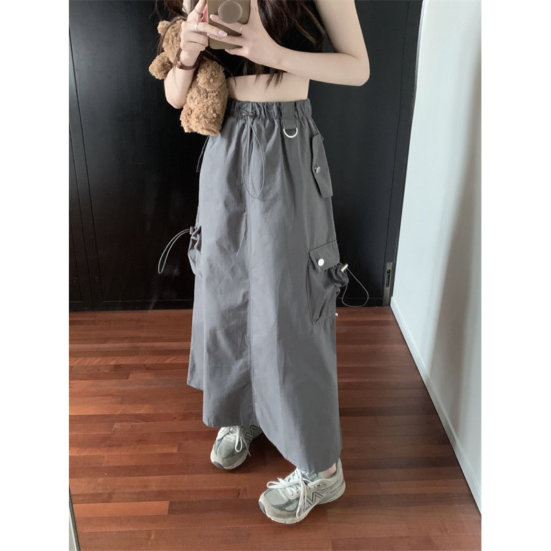 Chân váy midi dáng dài túi hộp xẻ tà sau cá tính lưng cao eo chun luzzang Hàn Quốc Yannie