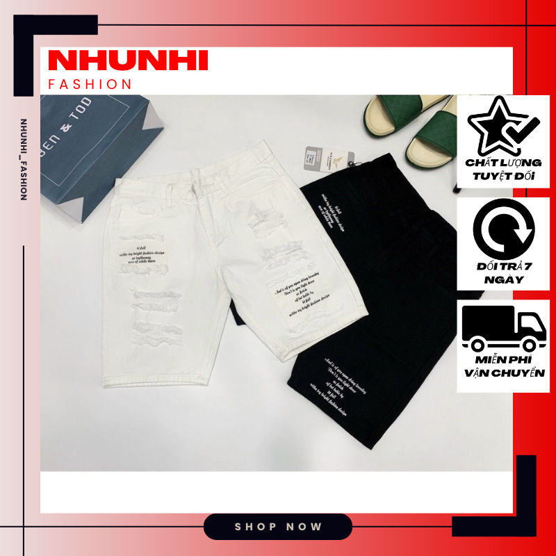 Quần short jeans nam rách nhẹ có in chữ trước gối quần short jeans hai màu chất Denim cao cấo NHUNHI_F Q01-02