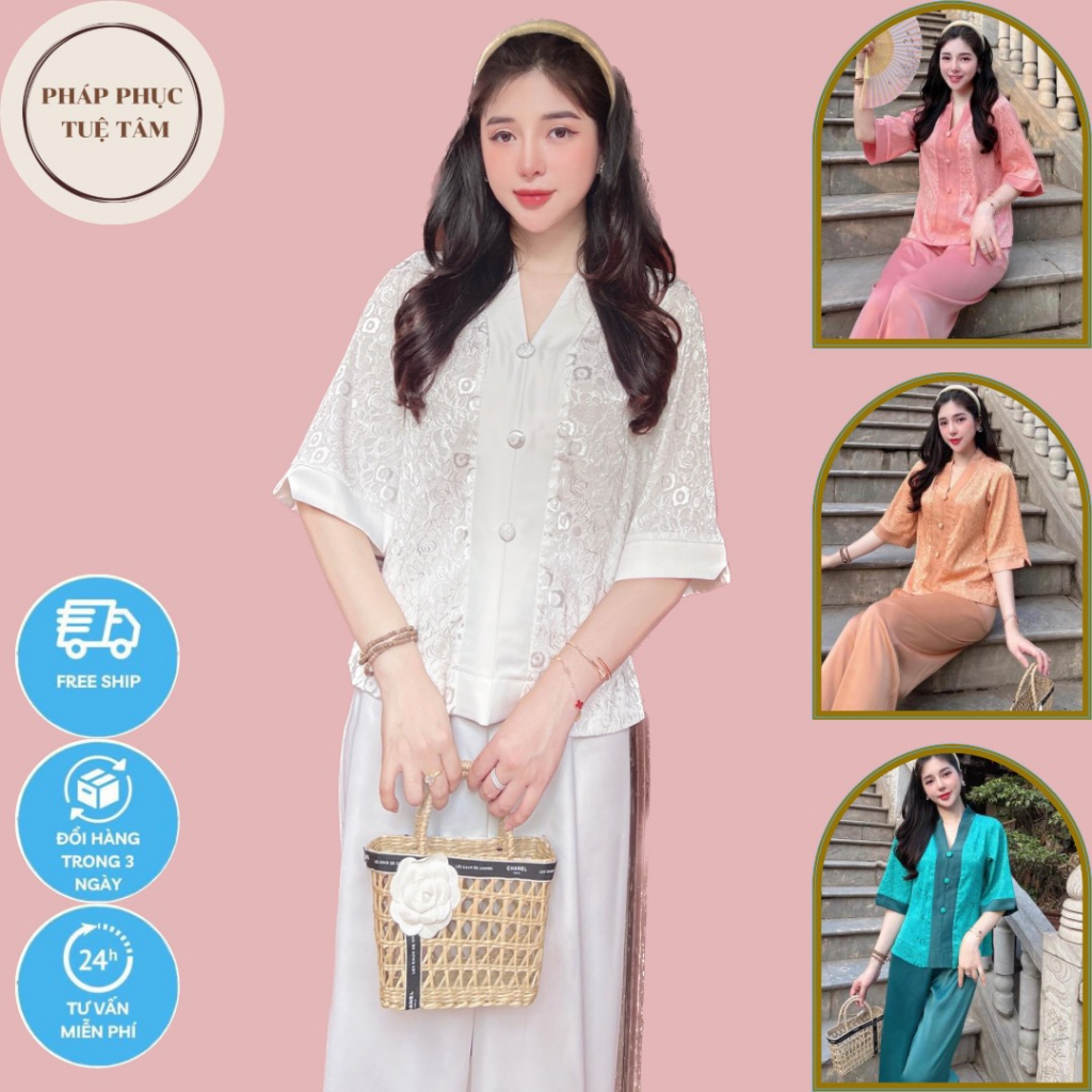 Bộ Đi Lễ Chùa Nữ , Đồ Lam Đi Chùa - Lụa Vân gỗ Ba Cúc Đơn Màu Cổ V - Set Đi Lễ Chùa Bigsize Tay Lỡ Dáng Rộng Thoải Mái