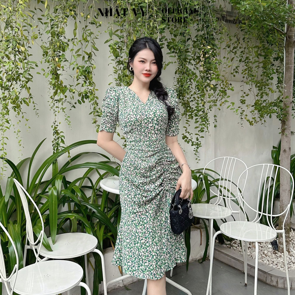 Đầm hoa dự tiệc Nhật Vy cổ V dây rút nhún eo bên sườn chất mango phù hợp đi chơi dạo phố sang chảnh - D2742